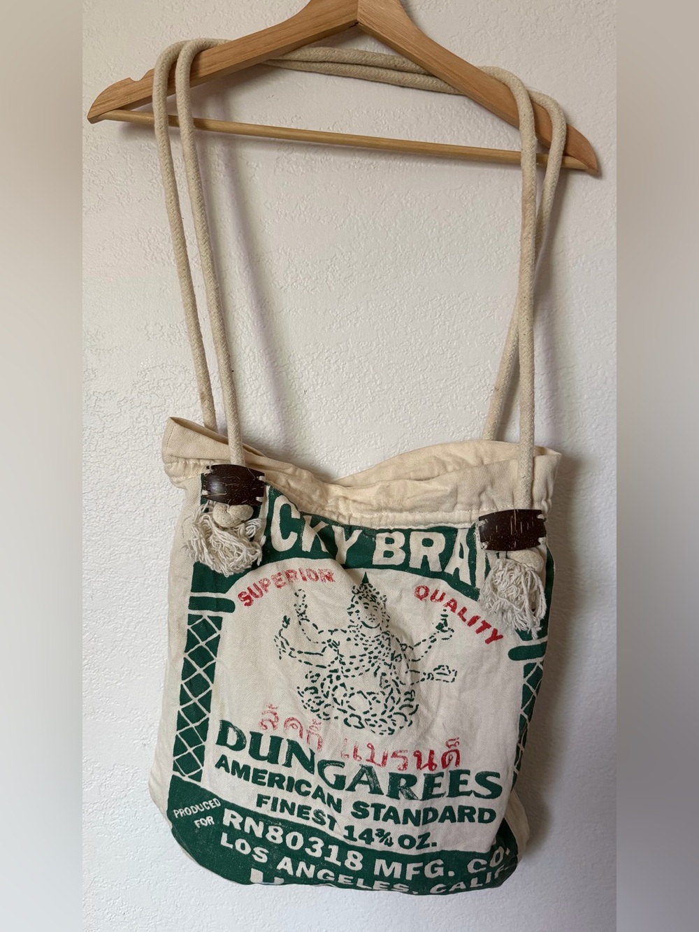 Lucky Brand Vintage-Style Dungarees Canvas Drawstring Shoulder Bag in Natural